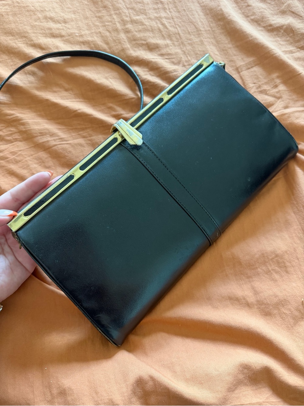 Vintage Black Leather Top-Handle Clutch with Gold Trim 1960s